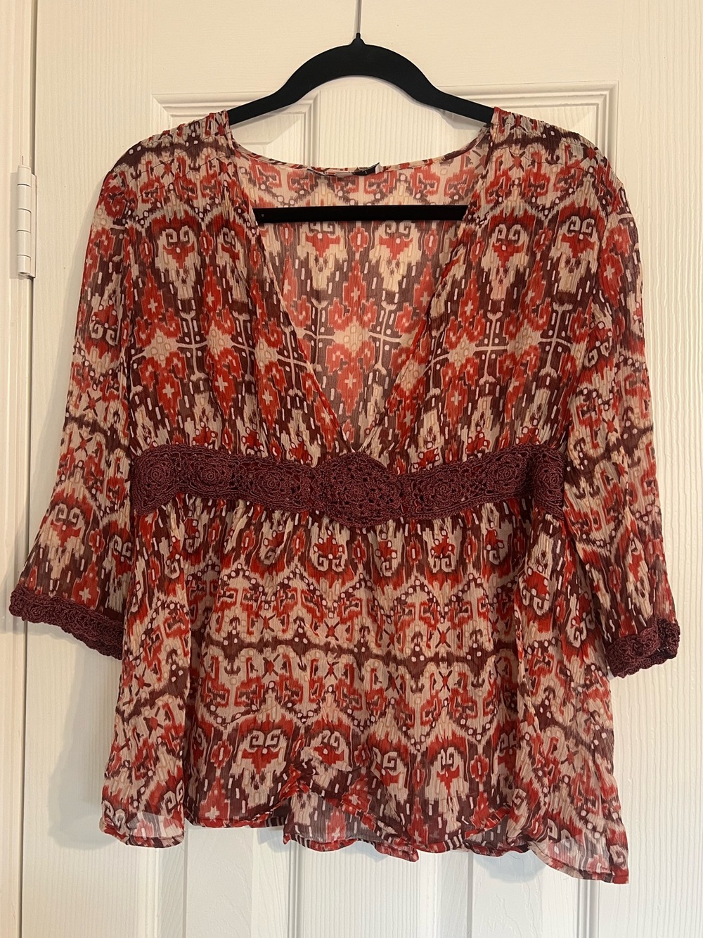 CAbi Red and Brown Patterned V-Neck Tunic with Crochet Waistband